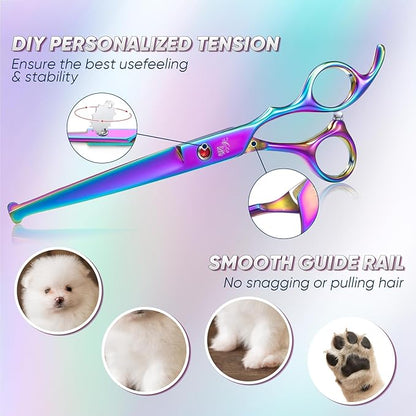 7" Straight Dog Grooming Scissors Rainbow, Grooming Shears with Offset Handle for Medium to Large Dogs, Stainless Steel 440C Shears for Novice and Professional Groomers, Sharp and Safe