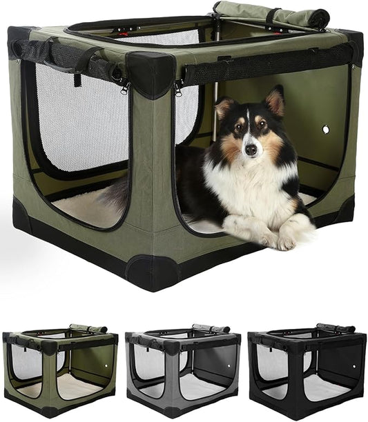 24 Inch Collapsible Travel Dog Crate for Medium Large Dogs, Portable Dog Crate 4-Door Foldable Soft Kennel with Chew-Proof Mesh Windows for Indoor & Outdoor Travel,with Storage Bag,Green
