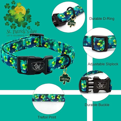 Elegant little tail St Patrick's Day Dog Collar-Green Cute Colver Cotton Shamrock Pet Collar Trefoil Holiday Adjustable Cotton Pet Collar with Quick Release Buckle for Small Medium Large Dogs