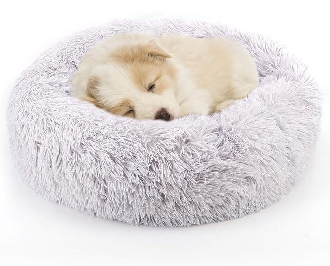 NOYAL Calming Donut Dog Bed for Small to Medium Dogs & Cats - Plush Faux Fur Anti-Anxiety Pet Bed with Machine Washable Cover & Non-Slip Base
