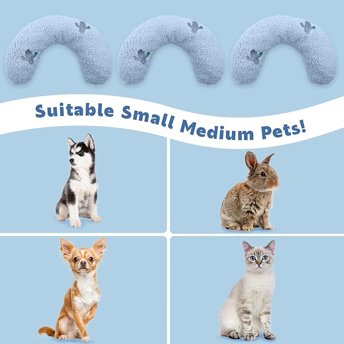 T'CHAQUE Dog Pillow Bed, Cat Calming Pillow, Dog Neck Pillow for Joint Relief Sleeping, Ultra Soft Half Donut Cuddler, Pillow Pet for Upper Spine Support, Doggy/Kitten Pillow Training Toy, BlueCactus