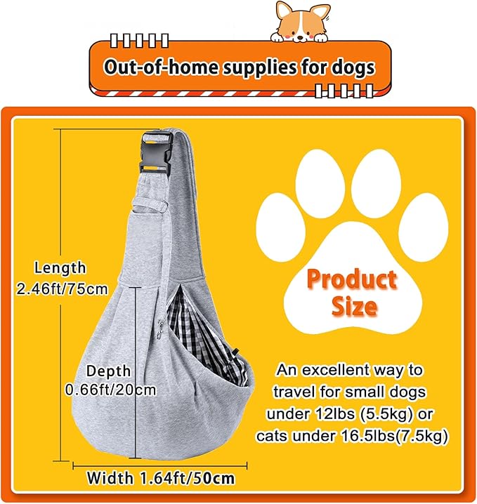 Dog Sling Cat Sling Carrier with Bottom Support, Kanemc Hands Free Sling Bag for 12Lbs Short Dog Small Puppy 16Lbs Clingy Cat Pets, Lightweight & Comfy (Gray)