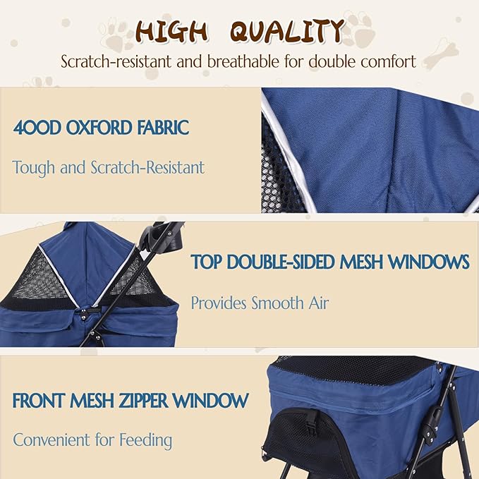 3 in 1 Dog Stroller, 4 Wheels Pet Stroller Dog Cat Stroller for Medium Small Dog Cats Up to 50lbs, Foldable Carrier Jogger Travel Puppy Stroller with Cup Holder & Breathable Mesh, Blue