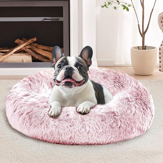 JOLLYVOGUE Dog Bed Cat Bed, Anti-Anxiety Small Dog Bed, Calming Donut Dog Bed for Puppy Bed, Fluffy Dog Beds for Small Medium Dogs, Washable Round Puppy Bed for Indoor Pet (24"/Smoke Pink