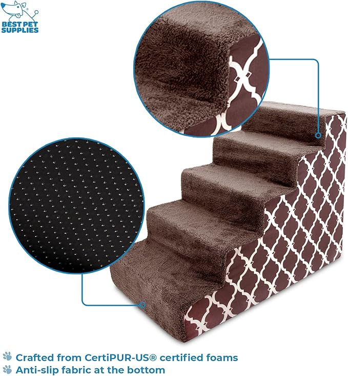 Best Pet Supplies Dog Stairs for Small Dogs & Cats, Foam Pet Steps Portable Ramp for Couch Sofa and High Bed Non-Slip Balanced Indoor Step Support, Paw Safe No Assembly - Brown Lattice Print, 5-Step