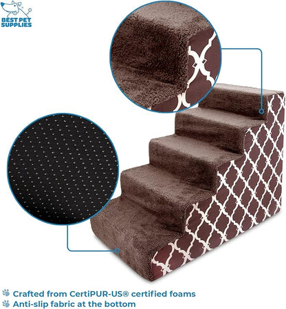 Best Pet Supplies Dog Stairs for Small Dogs & Cats, Foam Pet Steps Portable Ramp for Couch Sofa and High Bed Non-Slip Balanced Indoor Step Support, Paw Safe No Assembly - Brown Lattice Print, 5-Step