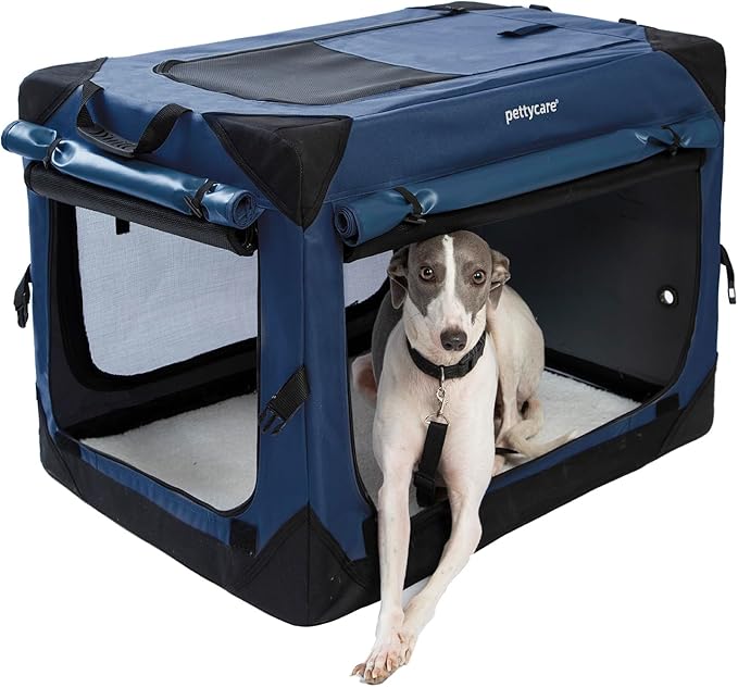 Pettycare 30 Inch Collapsible Dog Crate with Curtains Travel Dog Crate for Airflow and Calm Soft Pet Kennel with Portable Bag and More Chew Proof Mesh Indoor & Outdoor Navy Blue 4 Door Curtains