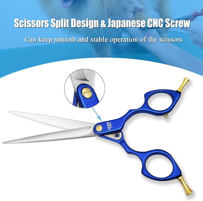 6.5'' Small Blue Straight Dog Grooming Scissors Professional Trimming Shears with Ultra-Lightweight Offset Handle 440C Stainless Steel Pet Scissors for Face and Paws
