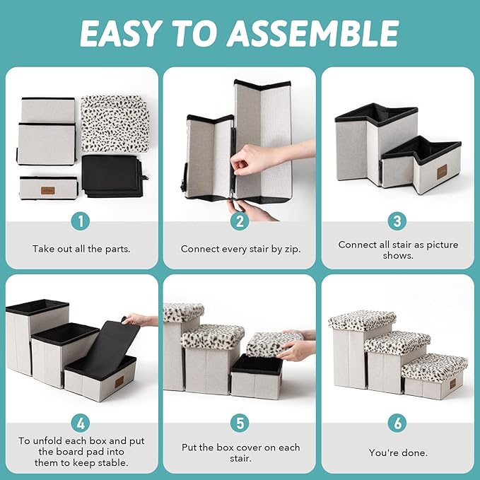 Dog Stair for Small Dogs with Storage, 13.6" H Foldable Pet Step with Soft Leakproof Cover, Older Cat Ramp for Chair Couch Sofa, Lightweight, Comfort, 24.8x13x13.6 inch, 3 Tiers, Leopard