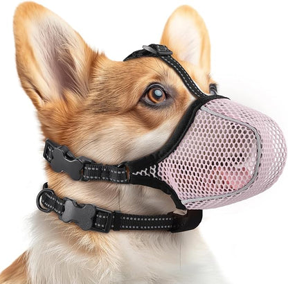 Dog Muzzle,Mesh Soft Muzzle for Small Medium Large Sized Dogs, Breathable Reflective Adjustable Puppy Muzzles with Collar for Scavenging Grooming Biting Chewing,Allows Panting and Drinking(Pink S)