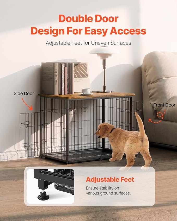 VEVOR 33" Dog Crate Furniture, Dog Kennel Furniture with Double Doors, 2-in-1 Decorative Wooden Dog Crate with Removable Tray, Dog Crate End Table Hold up to 45 lbs for Small, Medium Dogs Brown