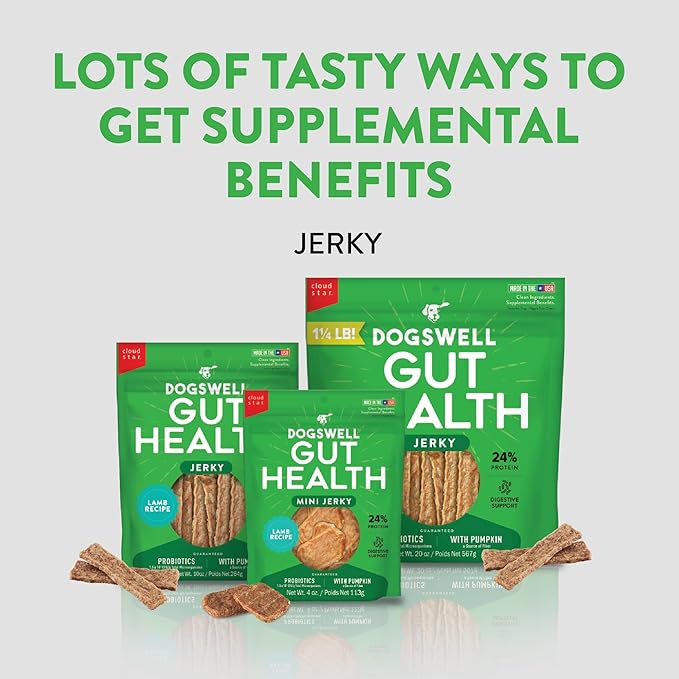 DOGSWELL Gut Health Meaty Jerky Dog Treats, Lamb, 10 oz. Pouch