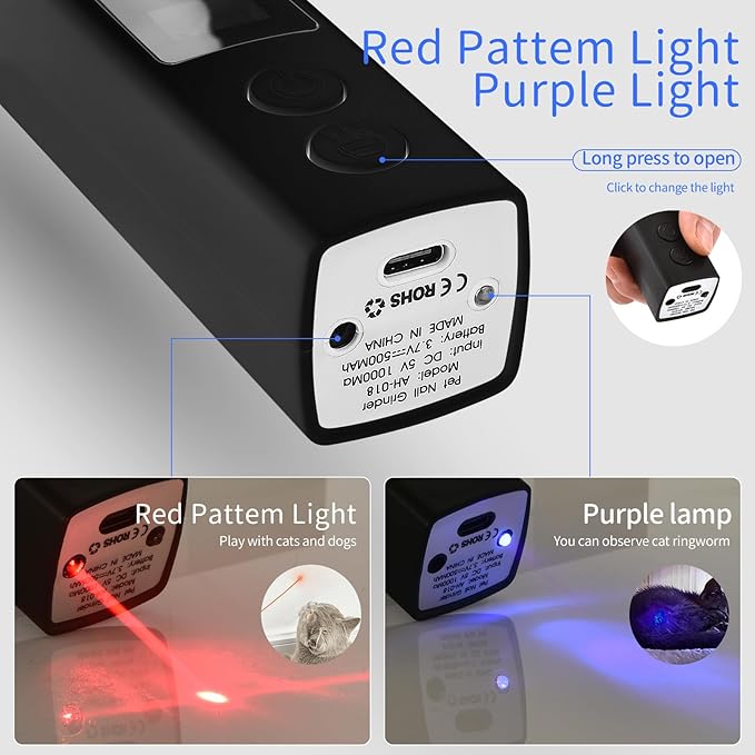 Professional 4-Speed Dog Nail Grinder, Electric Rechargeable Dog Nail Grinder with UV & Interactive Lights, Rechargeable Quiet Pet Nail Grinder, Nail Clippers for All Type Dogs Cat (Black)