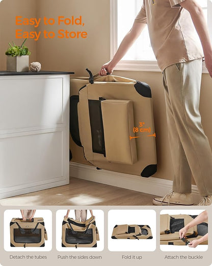 Feandrea 36 Inches Collapsible Soft Dog Crate, Portable Travel Dog Crate for Indoor and Outdoor Use, Dog Carrier Kennel with Safety Zippers, for Living Room, Car, Travelling,Camel Brown UPDC090K01