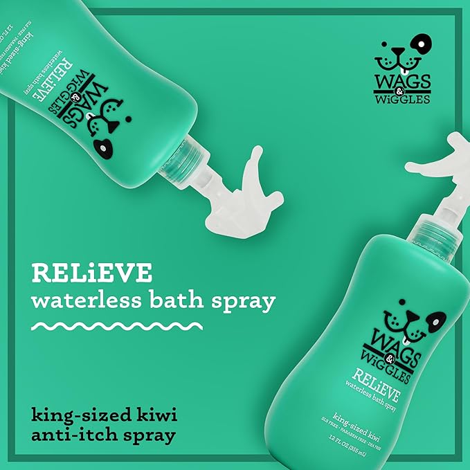 Wags & Wiggles Relieve Anti-Itch Spray for Dogs | Waterless Dry Shampoo for Dogs With Dry, Itchy, Or Sensitive Skin | Kiwi Scent Your Dog Will Love, 12 Ounces, Anti-Itch Spray - Kiwi
