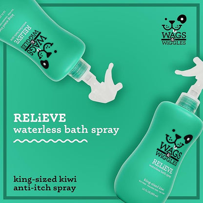 Wags & Wiggles Relieve Anti-Itch Spray for Dogs | Waterless Dry Shampoo for Dogs With Dry, Itchy, Or Sensitive Skin | Kiwi Scent Your Dog Will Love, 12 Ounces, Anti-Itch Spray - Kiwi