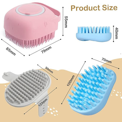 ELEGX Pet Grooming Bath Massage Brush with Soap and Shampoo Dispenser Soft Silicone Bristle for Long Short Haired Dogs Cats Shower (2 Massage Brush + Pink)