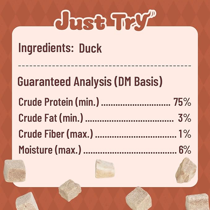 Just Try 6.35 oz Freeze Dried Duck Cubes Dog Treats & Cat Treats, Single Ingredient, Natural Training Treats, Grain Free, High Protein, Low Fat, Supports Skin & Joint Health, Rich in Vitamin B