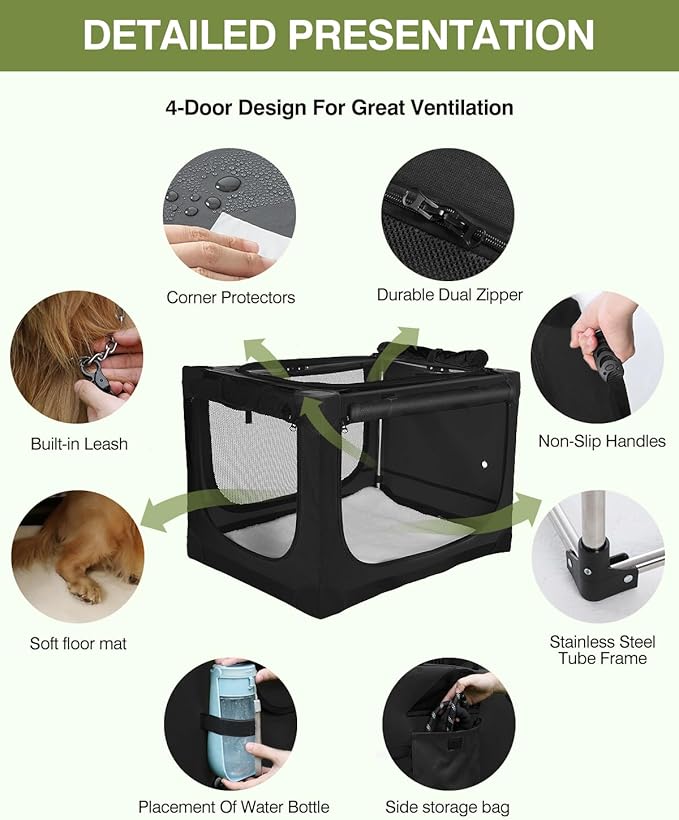 30-Inch Collapsible Travel Dog Crate, Portable 4-Door Soft Kennel for Medium to Large Dogs, Chew-Proof Mesh Windows, Indoor/Outdoor Use, Foldable, with Storage Bag (Black)