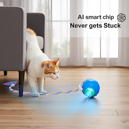 Interactive Cat Ball Toy, Automatic Self-Rolling, Motion-Activated, 3 Replaceable Teaser Wand Tails, Food-Grade TPU-Reinforced, Built-In Bluetooth Speaker with Preloaded Bird Sounds/Optional Music