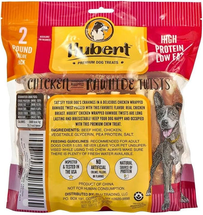 Hubert Pet Premium Chicken Wrapped Rawhide Twists - Natural Dog Treats in Resealable Bag, Ideal for Small & Large Dogs - 2 lbs Value Pack
