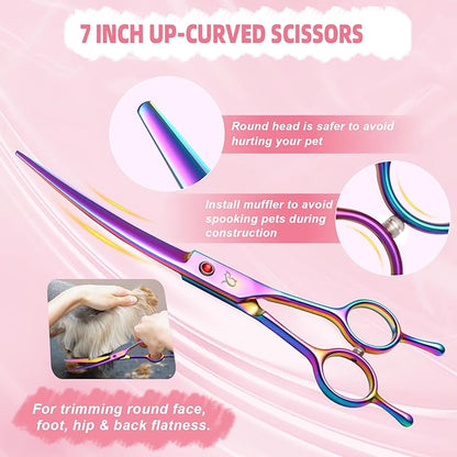 Dog Grooming Scissors,Rainbow Curved Chunkers Shears with Safety Round Tips,Sharp and Durable 6 in 1 Dog Scissors for Grooming