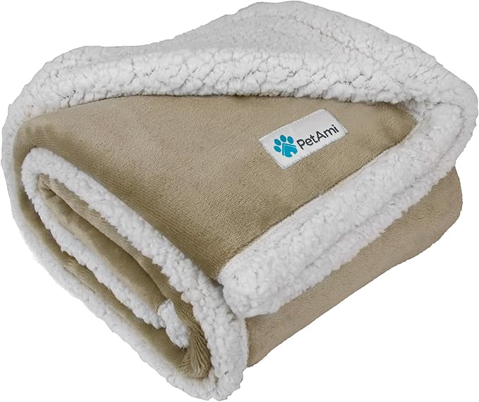 PetAmi Waterproof Dog Blanket for Bed, XL Dog Pet Blanket Couch Cover Protector, Sherpa Fleece Leakproof Blanket for Crate Kennel Sofa Furniture Queen Bed Protection Reversible Soft Plush 90x90 Taupe