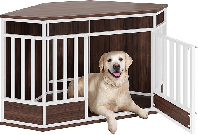 DWVO Corner Dog Crate Furniture, 52 Inch Heavy Duty Dog Kennel Indoor Furniture End Table Crate for Large Dogs, Modern Decorative Cage Wooden Dog Crate for Large Dogs, White Walnut