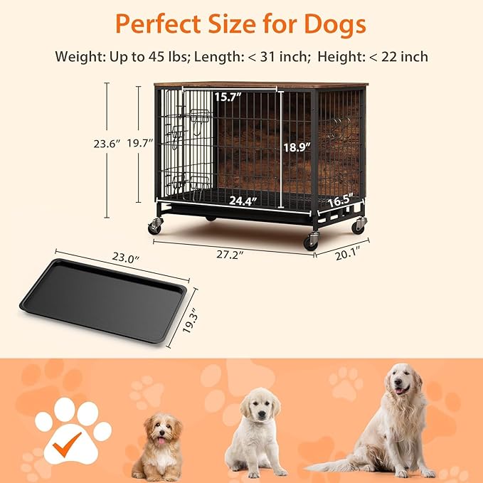 Small Dog Crate Furniture, 27.2"L x 20.1"W x 23.6"H，Indoor Pet Crate with Double Doors, Removable Tray and 360° Wheels, Wooden Countertop Dog Kennel, Brown&Black
