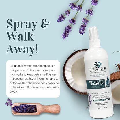 Lillian Ruff Waterless No-Rinse Dog Dry Shampoo Spray with Hydrating Essential Oils - pH-Balanced Dry Shampoo for Dogs - Clean, Condition, Detangle & Deodorize Dry, Sensitive Skin (16oz/Brush)