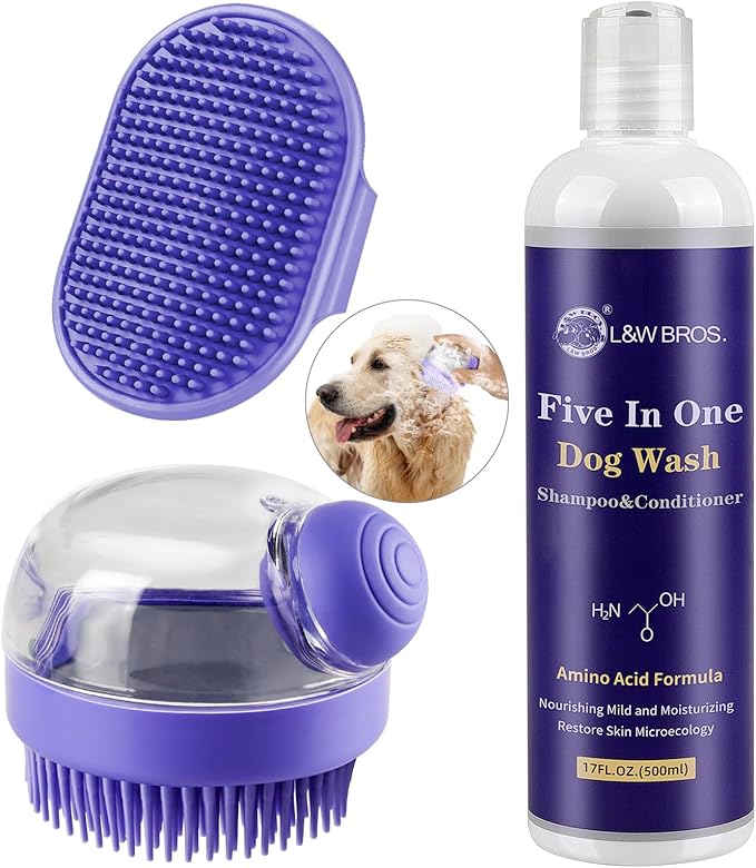 Comotech 3PCS Dog Bath Kit | 5-1 Dog Shampoo and Conditioner | Dog Bath Brush | Dog Scrubber for Bath | Amino Acid Formula (Natural Coconut Oil) Suitable for Puppies and All Pets with Hair - 17oz
