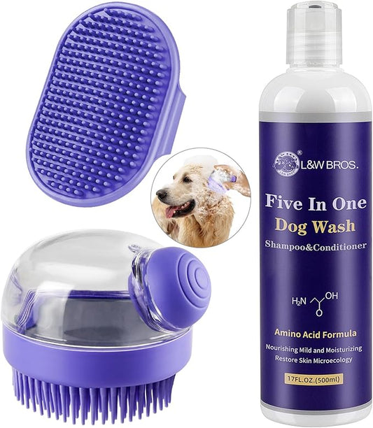 Comotech 3PCS Dog Bath Kit | 5-1 Dog Shampoo and Conditioner | Dog Bath Brush | Dog Scrubber for Bath | Amino Acid Formula (Natural Coconut Oil) Suitable for Puppies and All Pets with Hair - 17oz