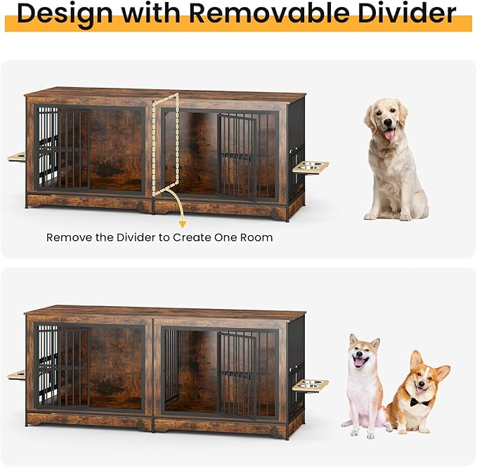 78 Inch Dog Crate Furniture with 4 Bowls, Double Dog Kennel Indoor with 360° Rotating and Adjustable Height Dog Bowl Holder, Brown Large Dog Wooden Crate with Divider for 2 Dogs