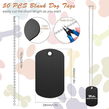 100 Pcs Military Dog Tags Set, 50 Pcs Personalized Engraved Aluminum Blank Dog Tags and 50 Pcs Iron Necklace Chain, Blank Dog Tags for Engraving, Dog Tags for Men, Black
