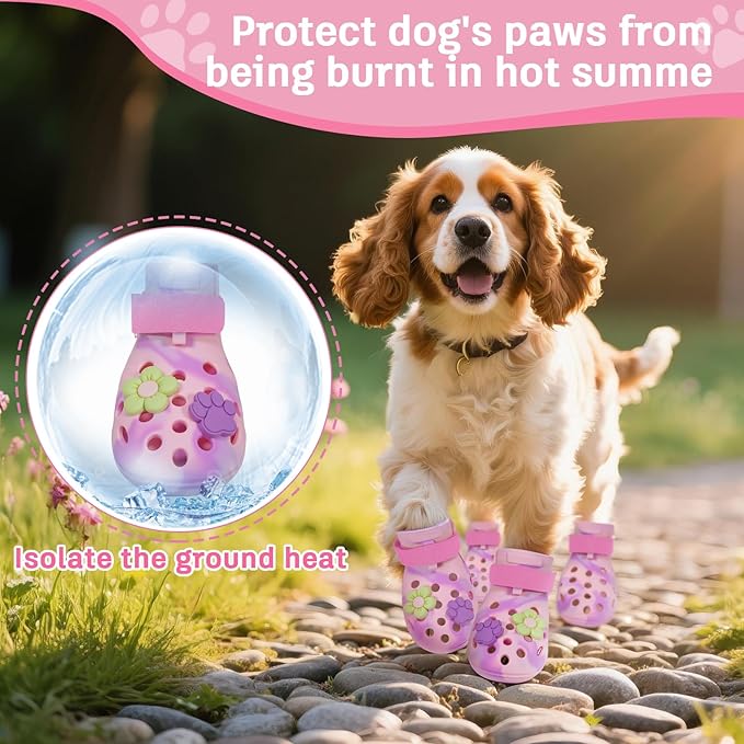 Dog Shoes for Hot Pavement, Adjustable Magic Tape Boots for Small, Medium & Large Dogs, Anti-Slip, Easy to Clean Paw Protectors for Beach, Outdoor & Hot Weather (Pink L)