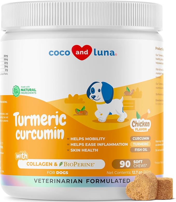Turmeric Curcumin for Dogs - 90 Soft Chews - with Collagen, BioPerine and Fish Oil - Hip & Joint Support, Ease Inflammation, Antioxidant, Cardiovascular & Liver Support.