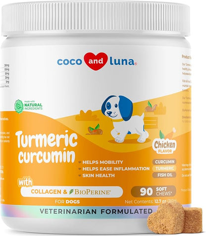Turmeric Curcumin for Dogs - 90 Soft Chews - with Collagen, BioPerine and Fish Oil - Hip & Joint Support, Ease Inflammation, Antioxidant, Cardiovascular & Liver Support.
