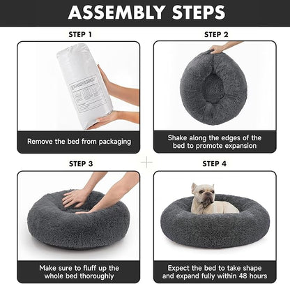 OhGeni Calming Donut Dog & Cat Bed Pillow, Machine Washable Plush Waterproof Zipper Cover, Anti-Slip Round Comfort Bed, Pillow Design Cozy Warming Fluffy Fur Bed for Medium Dogs, Gray, 30 inches