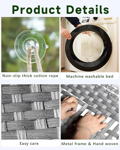 Cat Window Perch, Cat Window Hammock Bed for Indoor Cats, Large Handwoven PE Rattan Window Seat, 4 Suction Cups, Double Sided Washable Cushion Bed, 2.3 Inch Fence Shelf, for Pet Kittens Gray