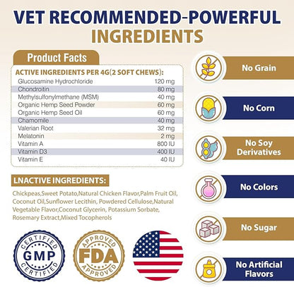 Hip and Joint Supplement for Dogs 200 Hemp Dog Calming Chews with Glucosamine, Chondroitin, Msm, Omega 3, Melatonin for Senior Dogs Anxiety, Dog Pain Relief Anti Inflammatory Small/Medium/Large Breed