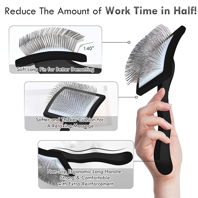 Dog Slicker Brush for Long Haired Dogs, Removes Loose Hair, Tangles and Knots, Professional Pet Grooming Kit, Ideal for Small Medium Large Dogs, Black, Free Pet Comb