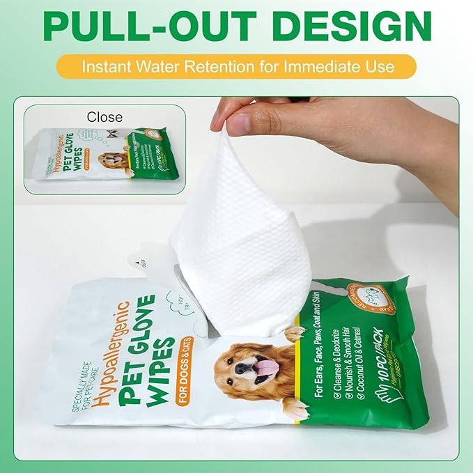 Pet Glove Wipes UNSCENTED for Dogs and Cats No-Rinse, Deodorizing, Grooming Gloves for Paws, Face, Butt, and Legs, Portable Travel-Friendly, Family Stockpile, 10 PCS Hypoallergenic Wipes
