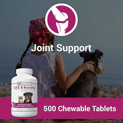 Vet Classics S.O.D. & Boswellia Joint Support Supplement for Dogs, Cats – Dog Hip & Cat Joint Supplement – Alleviates Aches, Discomfort– for Flexibility, Healthy Joint Function - 500 Chewable Tablets
