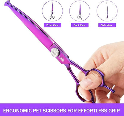 7" Curved Dog Grooming Scissors  Professional 440C Stainless Steel Pet Shears with Safety Round Tips and Sharp Blades for Body Facial Nose Ear and Paw Hair Easy Use