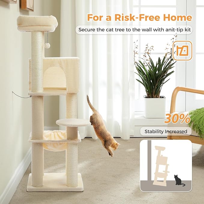 PETEPELA Cat Tree for Large Cats up to 30 lbs, 58" Heavy Duty Cat Tower with Reinforced Scratching Posts[ φ3.9”], Large Hammock, Spacious Condo & Top Perch, Sturdy Cat Furniture for Maine Coons, Beige