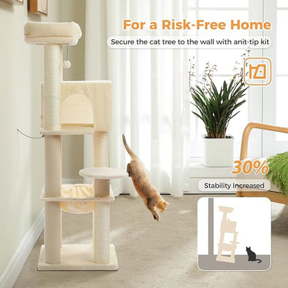 PETEPELA Cat Tree for Large Cats up to 30 lbs, 58" Heavy Duty Cat Tower with Reinforced Scratching Posts[ φ3.9”], Large Hammock, Spacious Condo & Top Perch, Sturdy Cat Furniture for Maine Coons, Beige