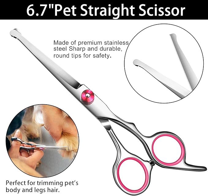 Dog Grooming scissors Kit,Includes Curved Thinning straight scissors and Comb, Dog Grooming Shears with Safety Round Tips,pet Grooming kit for Small Dogs&Puppies