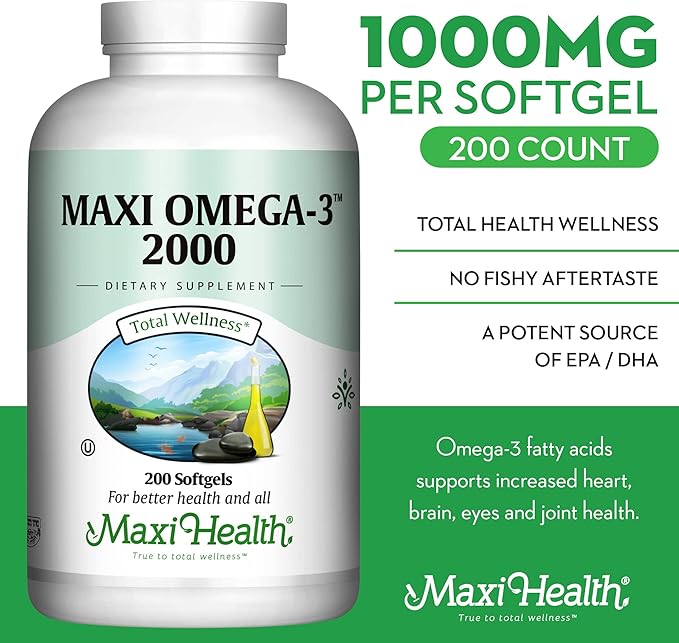 Omega 3 Supplement - Omega-3 Fish Oil 2000mg - Natural Source of EPA & DHA - Heart, Brain & Joint Health - Kosher Certified Wild Caught Marine Fish - 200 Vegetarian Softgels by Maxi Health