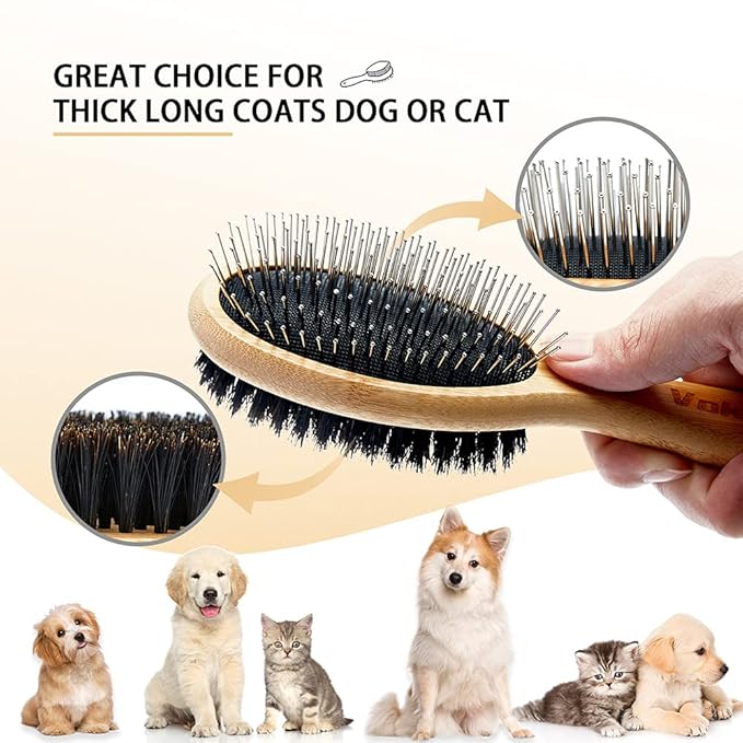 Dog Brush Cat Brush, Double Sided Bristle and Pin Pet Brush for Dog Grooming, Real Boar Bristle Shedding Brush with Bamboo Handle for Long Short Hair, 4 Pack Dog Comb, Black+Yelbow
