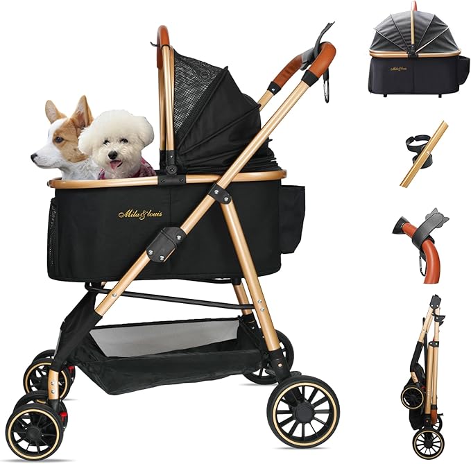 MILA&LOUIS Dog Stroller for Medium Dogs, Lightweigh Pet Stroller for Small Dogs with 4 Upgraded Wheel, Dog Strollers with Cup Holder, Hook, Fashion Gold Puppy Stroller with Detachable Aluminum Cradle